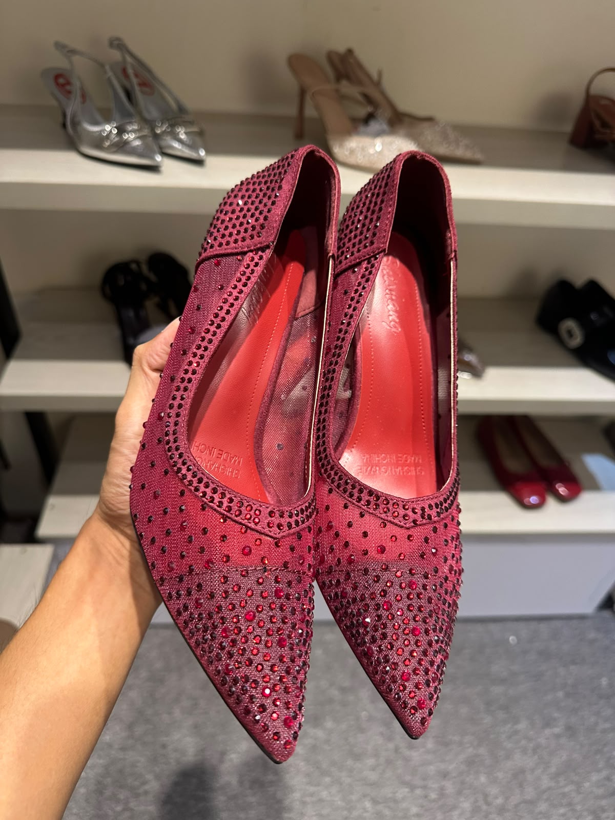 Kalonbd Purple-Red Rhinestone Pointed Heel
