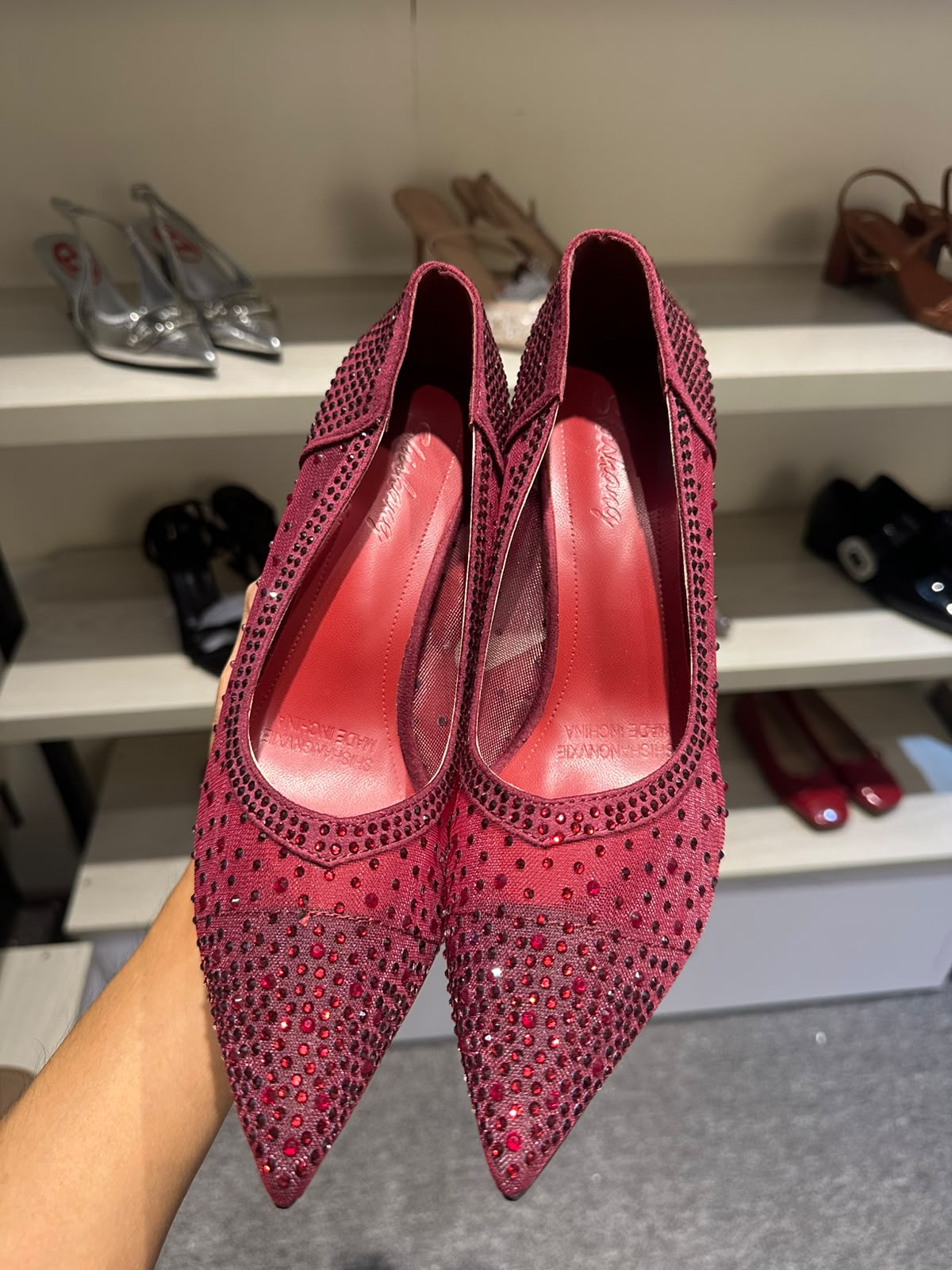 Kalonbd Purple-Red Rhinestone Pointed Heel