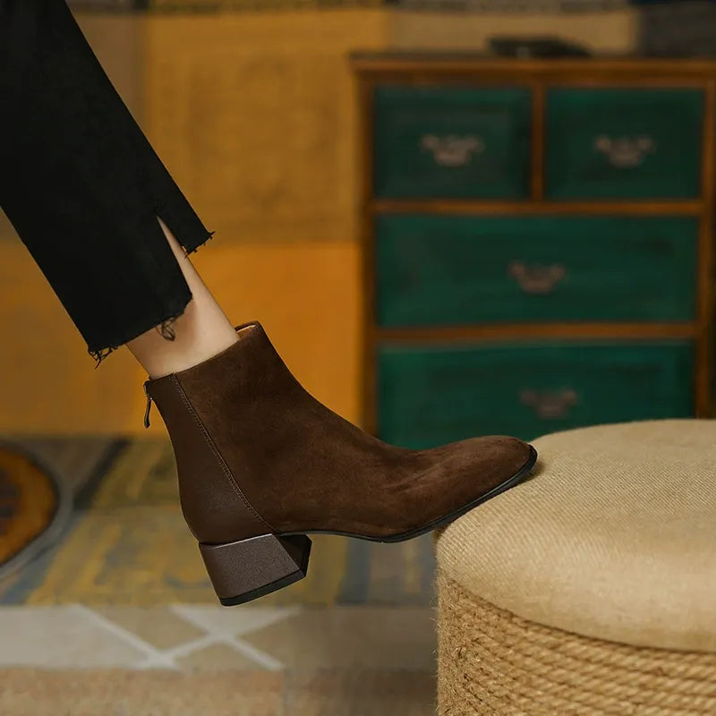 Kalonbd Brown Chunky Heel Ankle Boots(Pre-book)