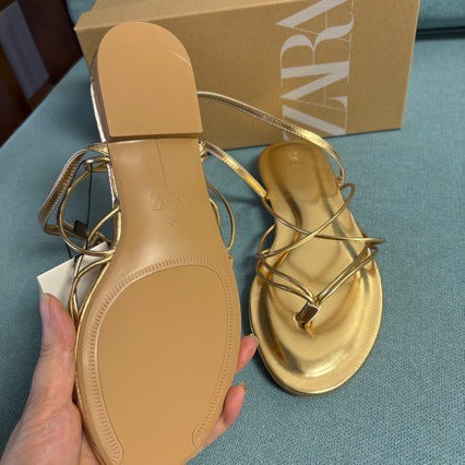 KalonBd Gold Strap Open Toe Flat Sandals(Pre-book)