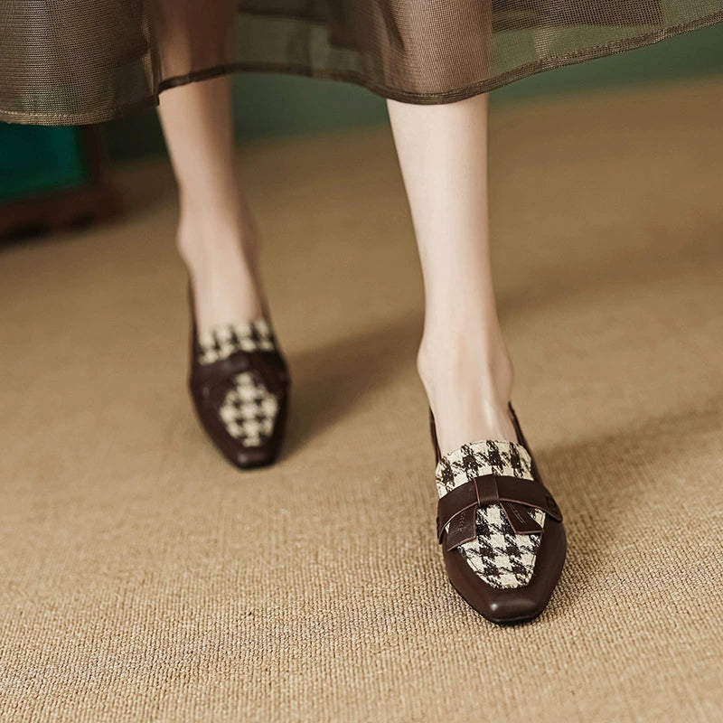 Square Toe Bowknot Retro Plaid loafer (38)