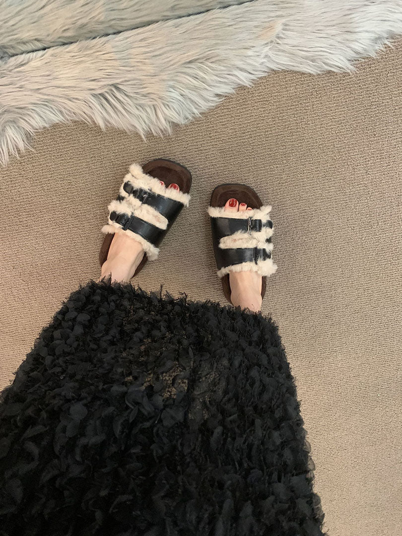 thick soled premium fur slipper Black (40) - KALONBD.COM