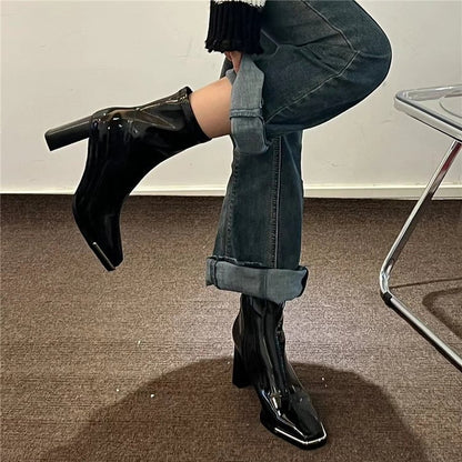 New square head patent leather boots