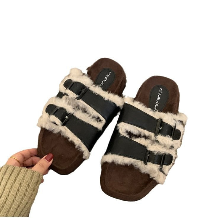 thick soled premium fur slipper Black (40) - KALONBD.COM