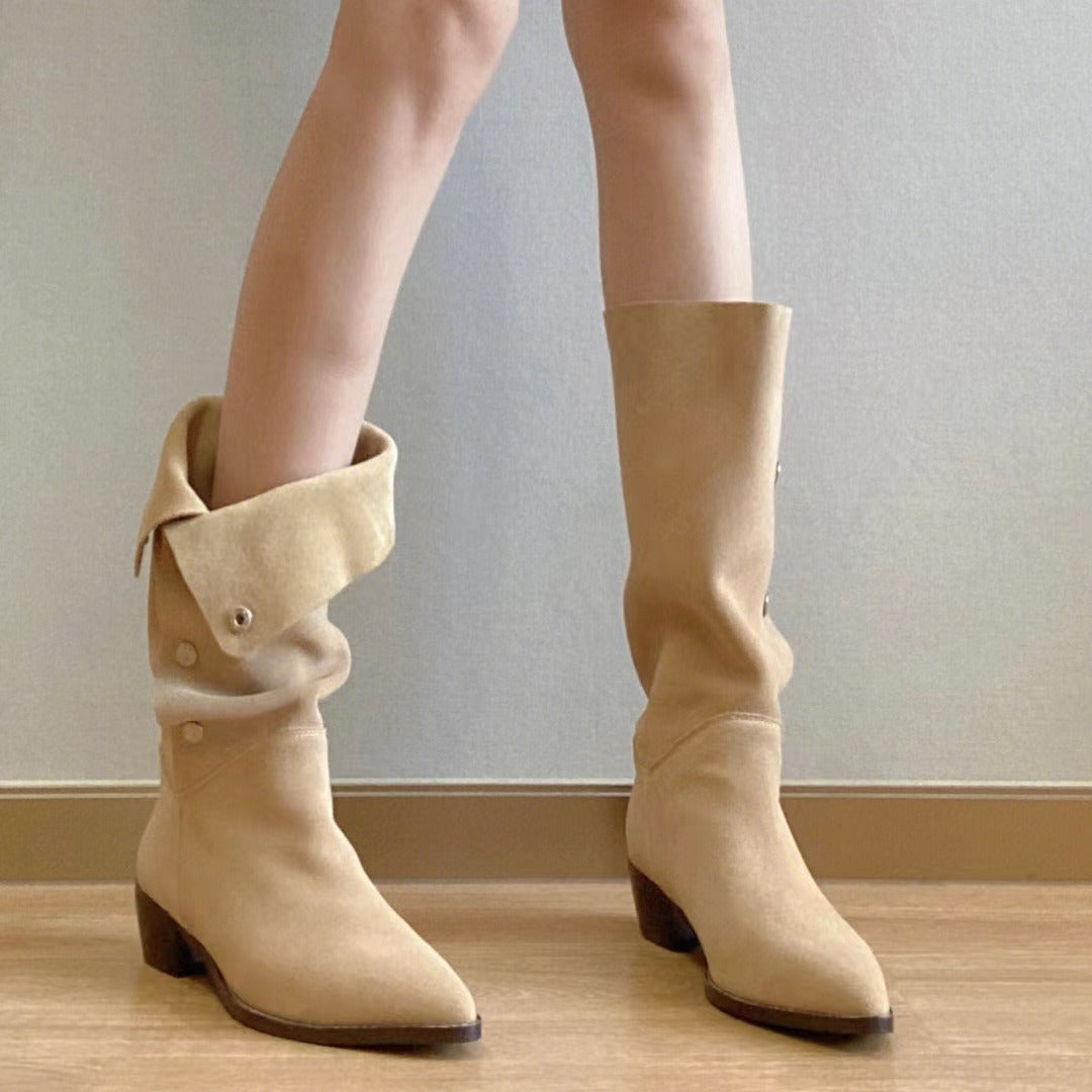 Pointed button mid-calf boots