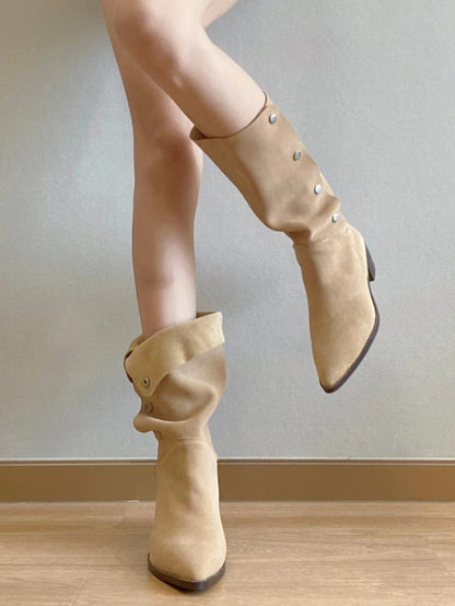 Pointed button mid-calf boots