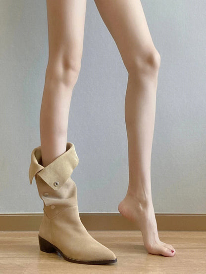 Pointed button mid-calf boots