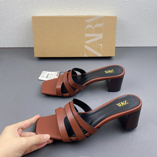 Kalonbd Light brown leather thick heel