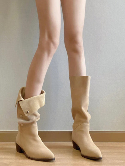 Pointed button mid-calf boots