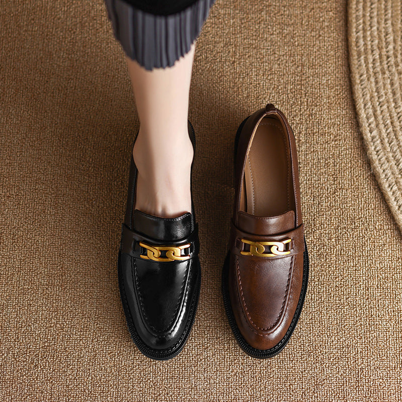 Thick heel metal buckle loafers