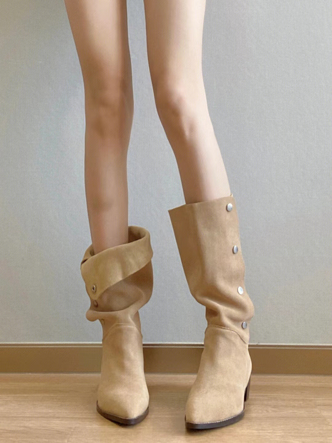 Pointed button mid-calf boots