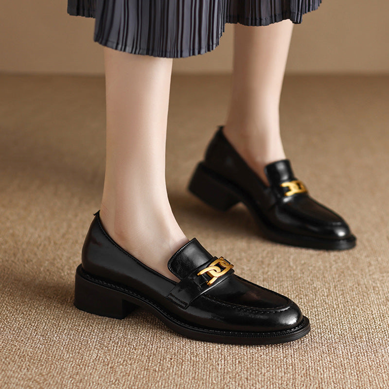 Thick heel metal buckle loafers