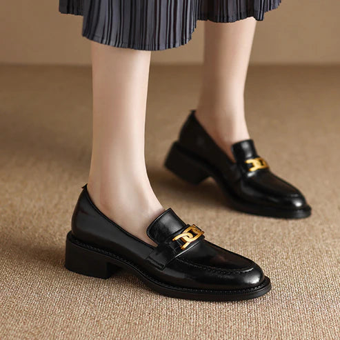 Thick heel metal buckle loafers in stock