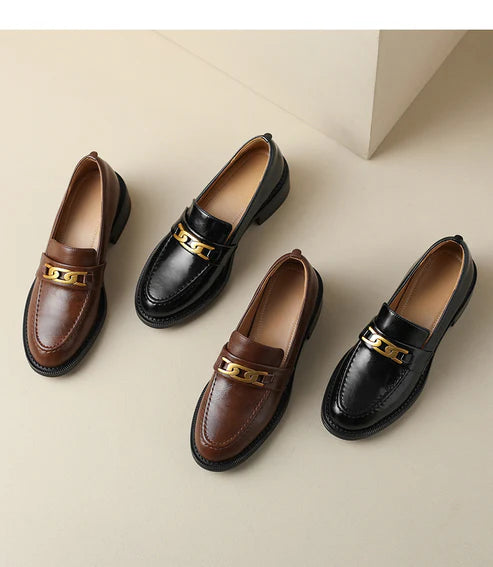 Thick heel metal buckle loafers in stock