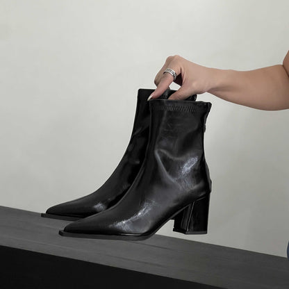 thick heel soft leather skinny boots