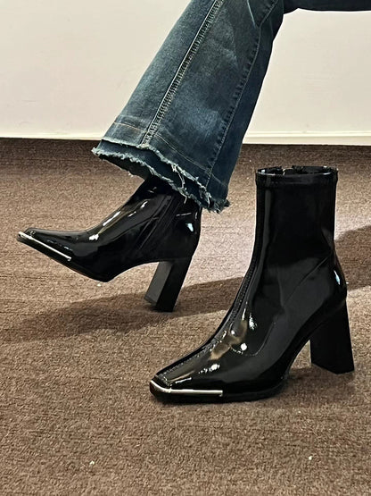 New square head patent leather boots