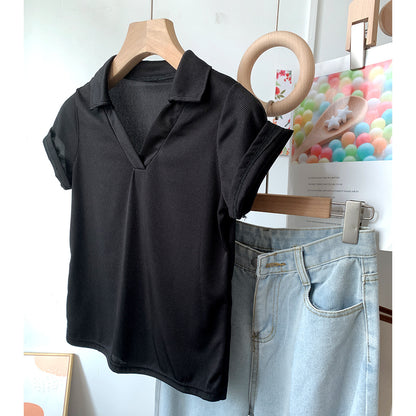 Lapel short-sleeved T-shirt for women summer 2024