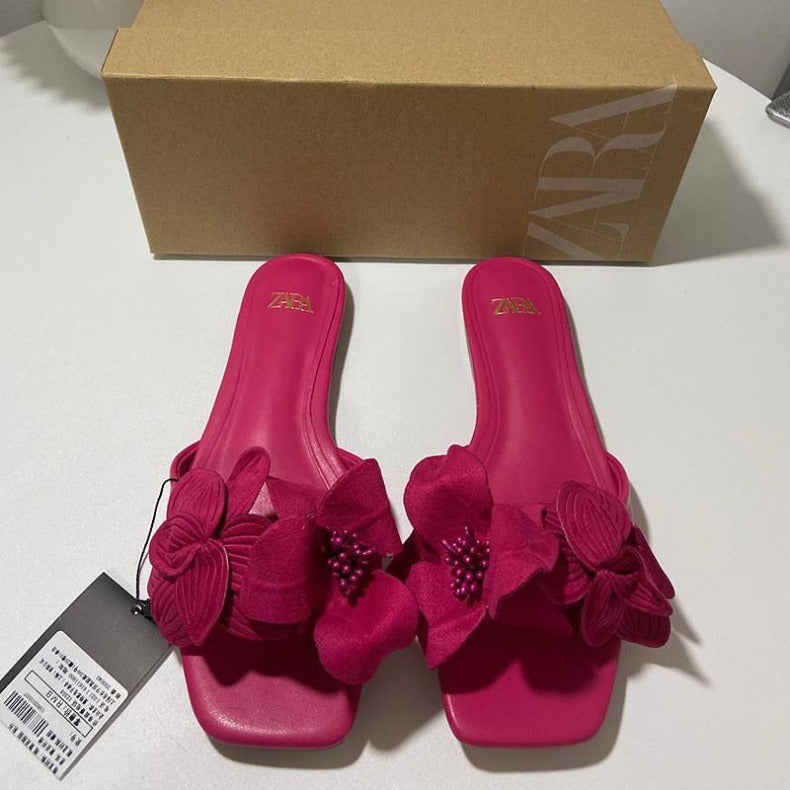 KalonBd rose red flower flat sandal - KALONBD.COM