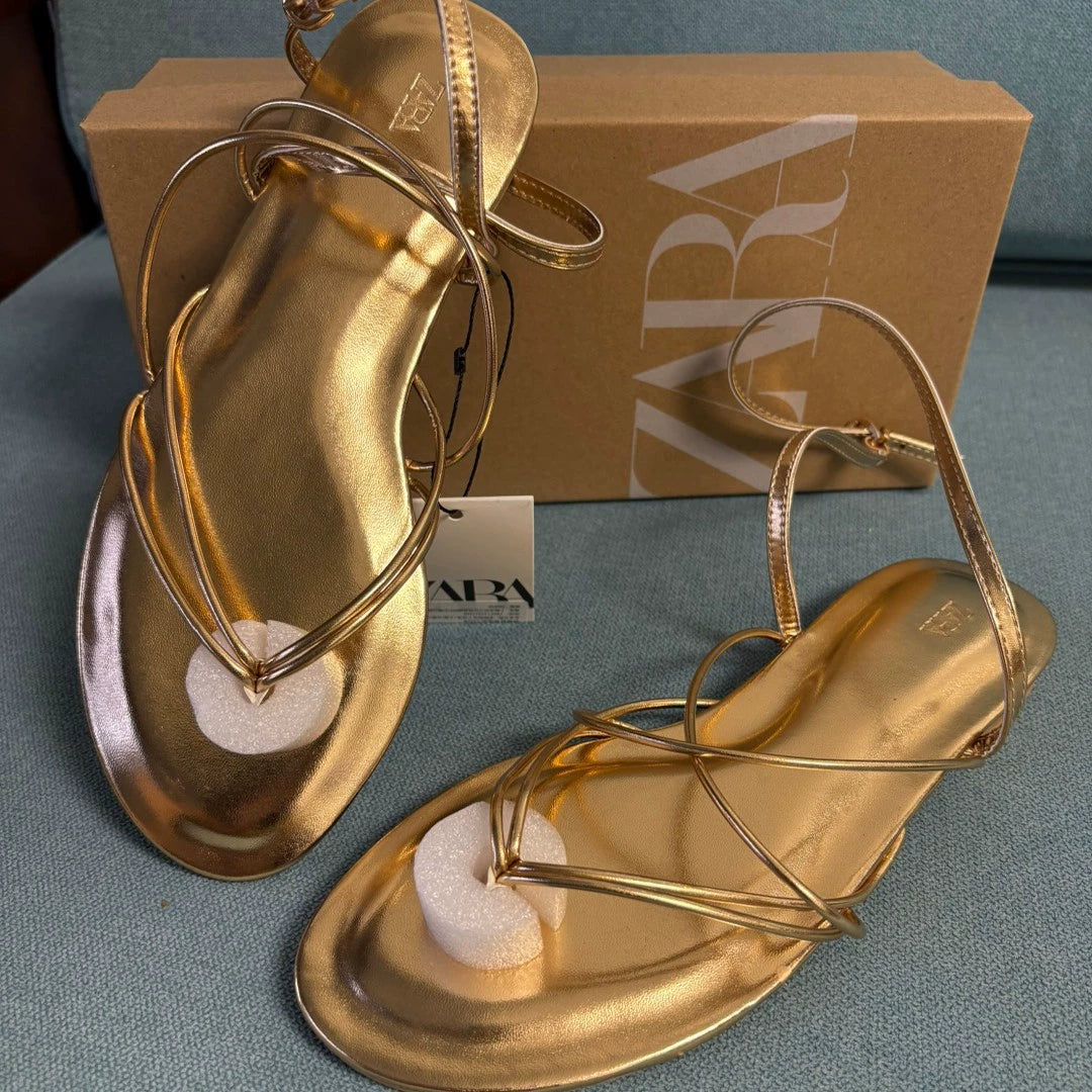 KalonBd Gold Strap Open Toe Flat Sandals(Pre-book)