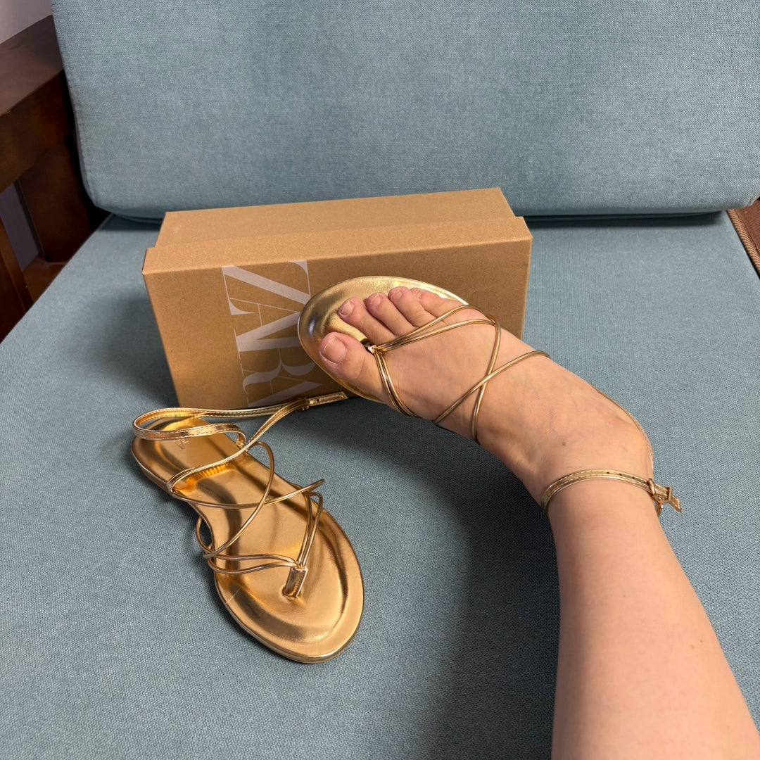 KalonBd Gold Strap Open Toe Flat Sandals(Pre-book)