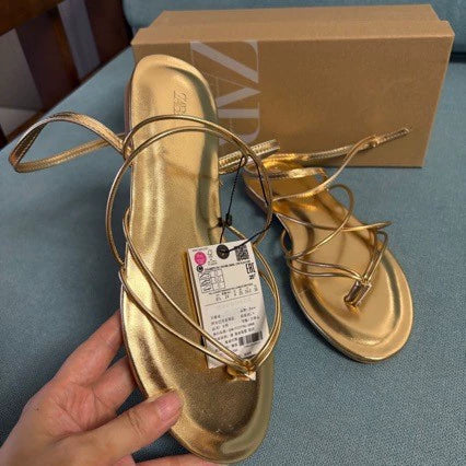 KalonBd Gold Strap Open Toe Flat Sandals(Pre-book)