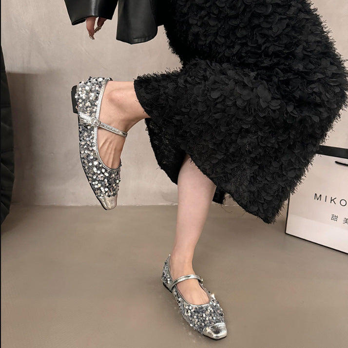 Silver Sequined flat pump shoe(35) - KALONBD.COM