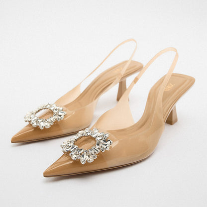 ZA new shallow mouth rhinestone heel-Apricot