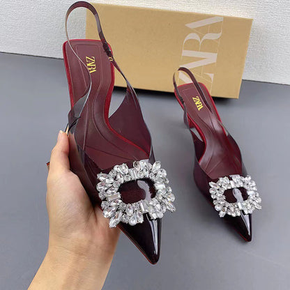 ZA new shallow mouth rhinestone heel-Reddish-brown