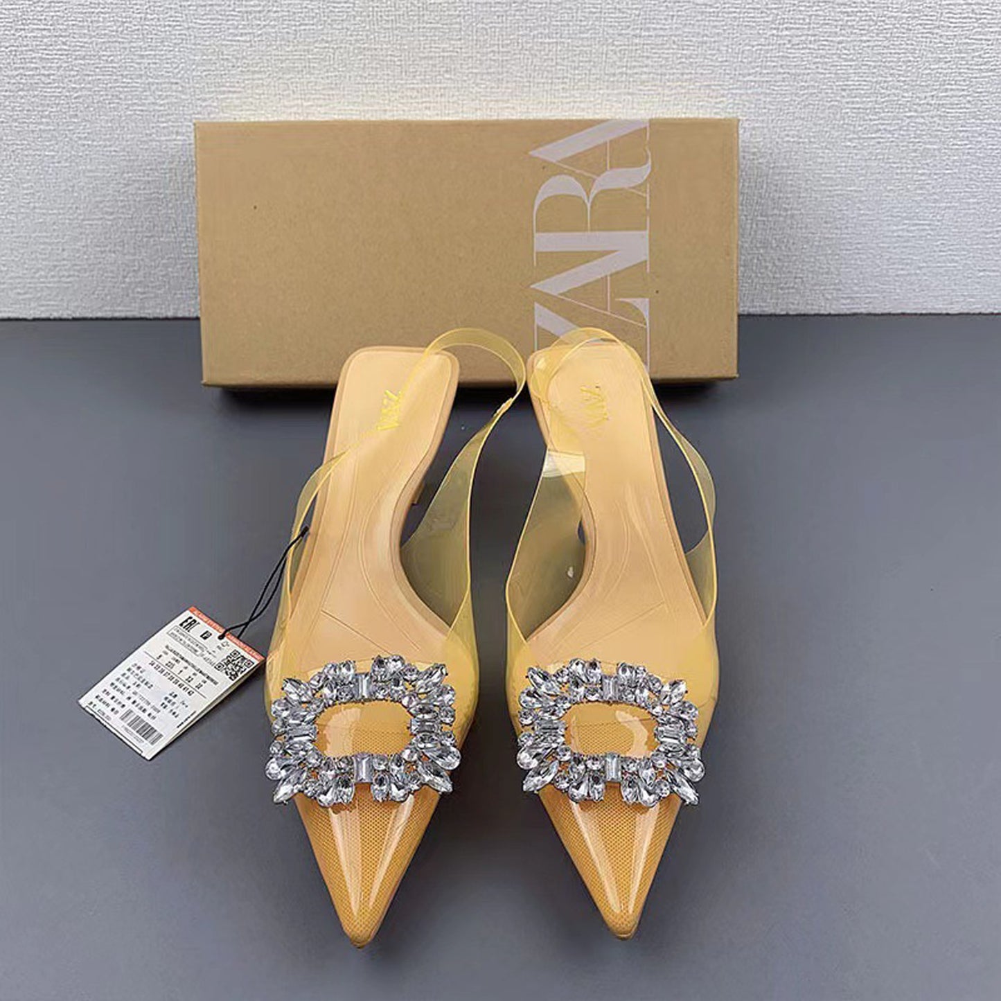 ZA new shallow mouth rhinestone heel-Apricot