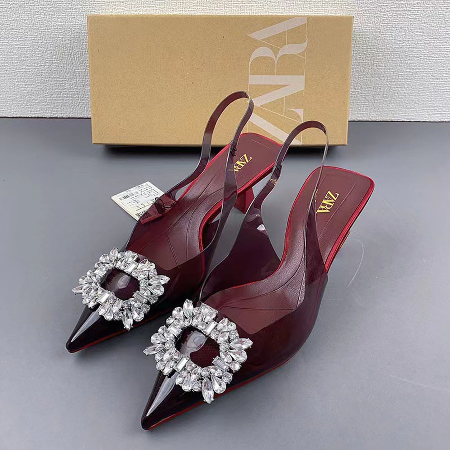 ZA new shallow mouth rhinestone heel-Reddish-brown