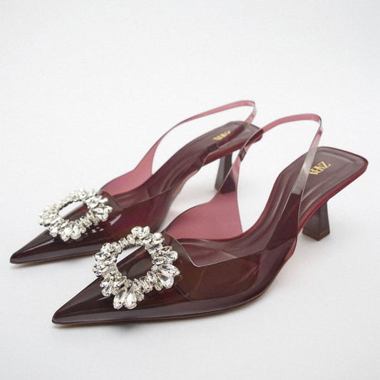 ZA new shallow mouth rhinestone heel-Reddish-brown