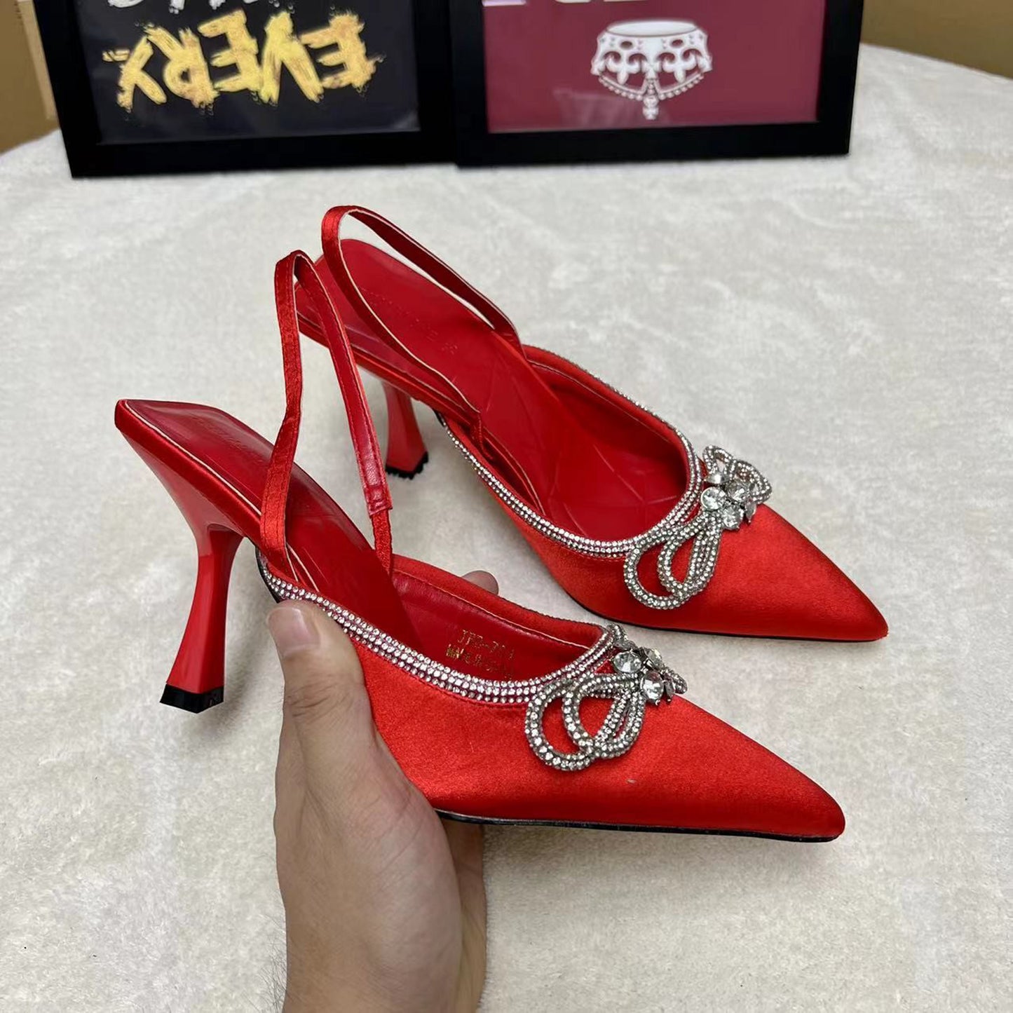 rhinestone 2024 bow stiletto heel-Red